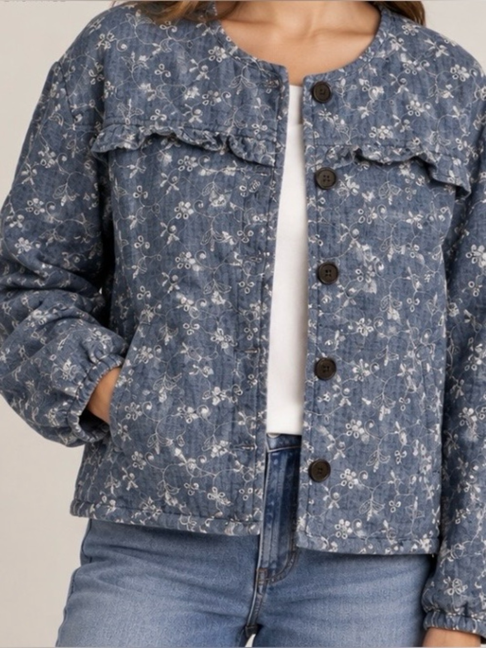 Women's Blue Floral Button-Front Jacket